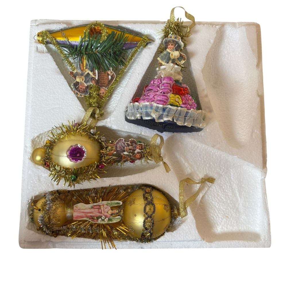 Vintage Ornate Christmas Ornaments Set of 4 Gold Victorian Old World Decor